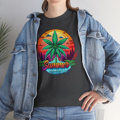 Summer Cannabis Leaf T-Shirt – Retro Tropical Sunset Tee
