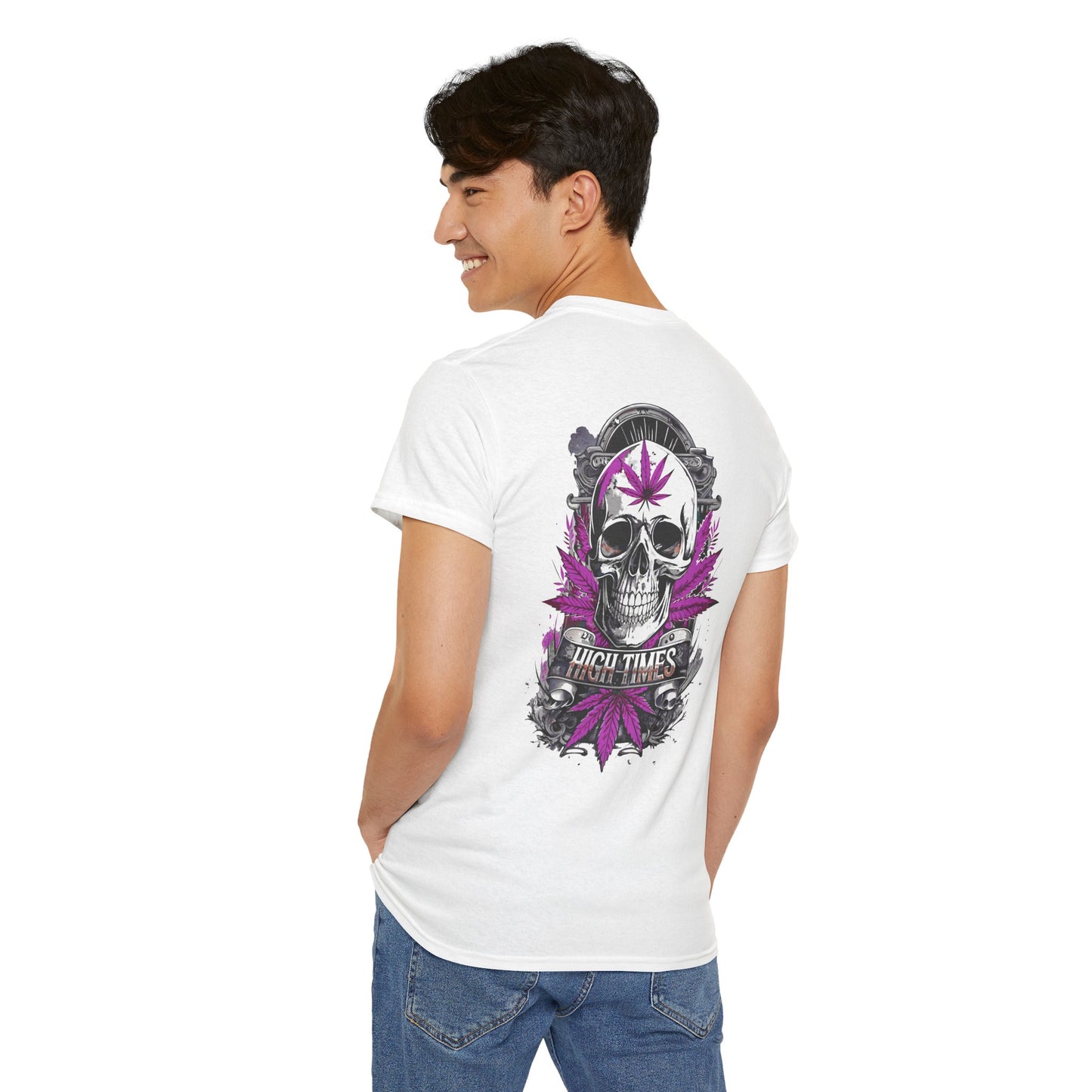 Skull & Purple Cannabis Leaf Tee - "High Times" Graphic T-Shirt Both