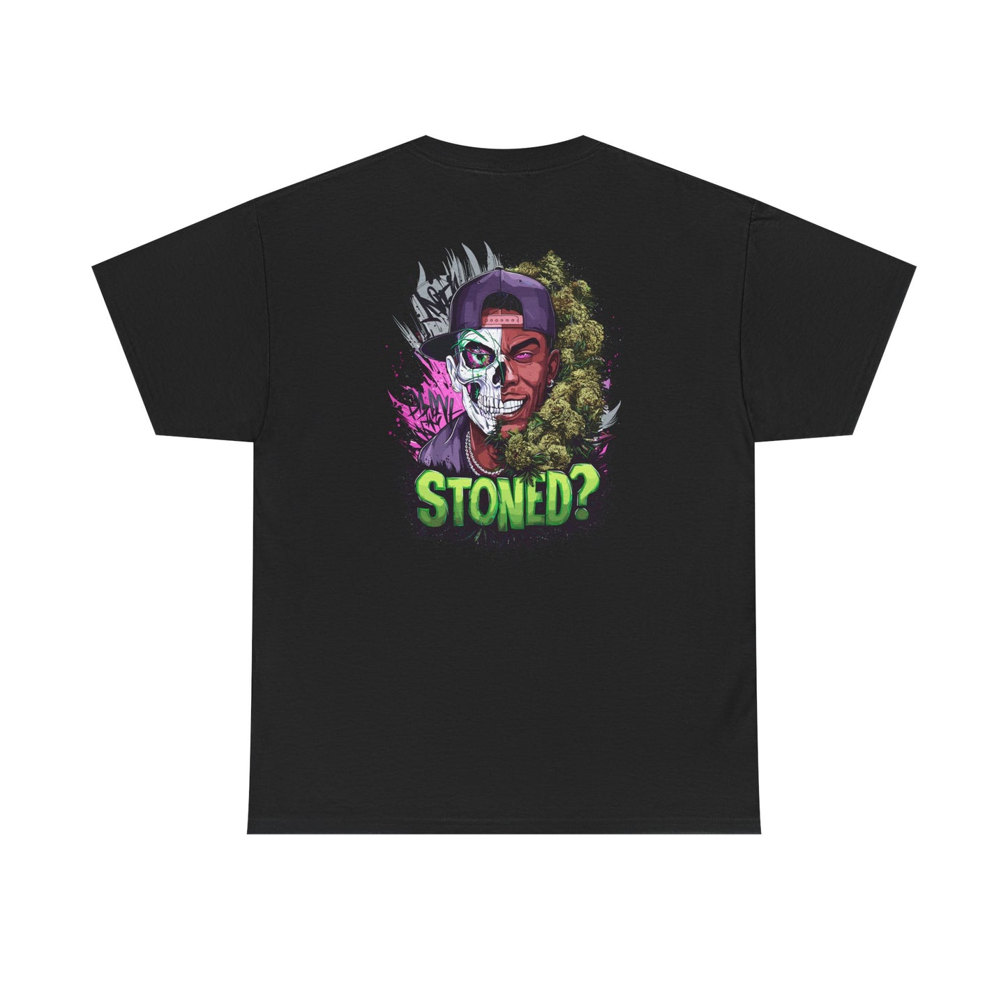 T-Shirt — 'Stoned?' Skull Face Graphic Tee for Cannabis Lovers