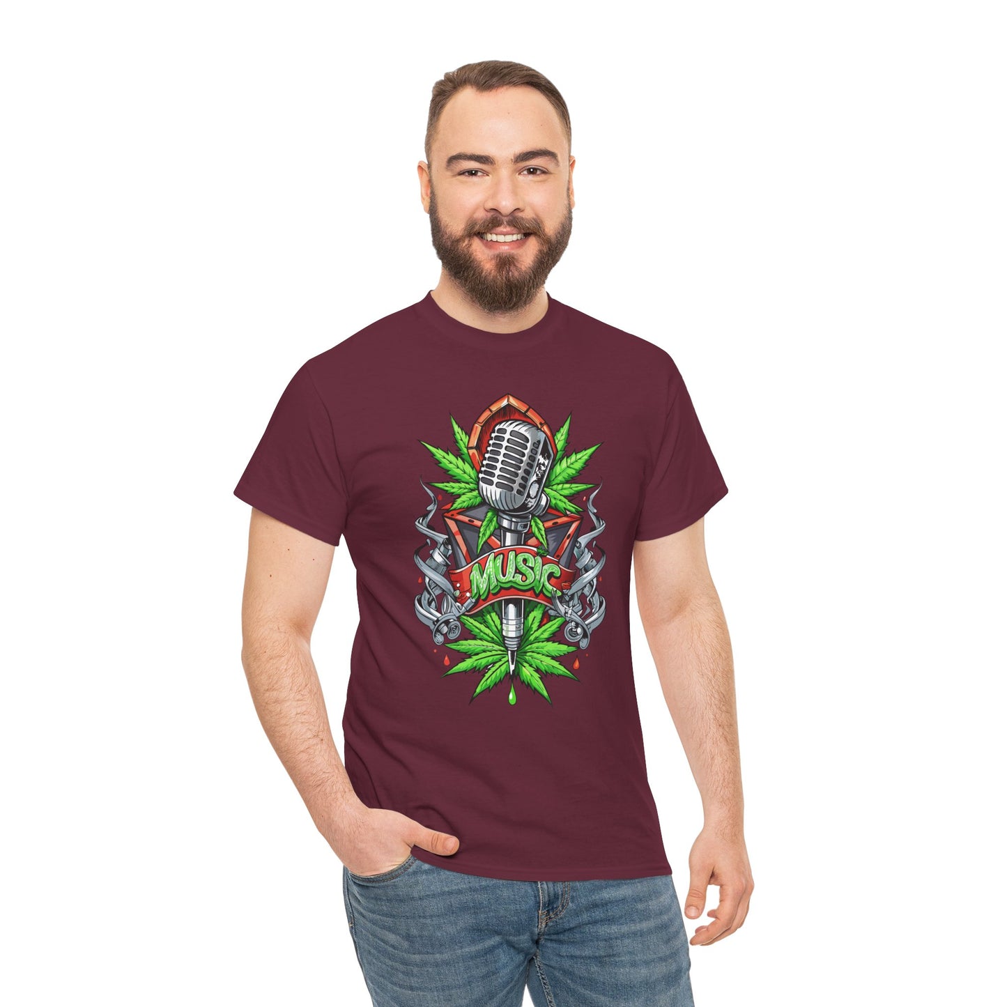 Music Microphone Tee — Retro Mic & Leaf Graphic T-Shirt