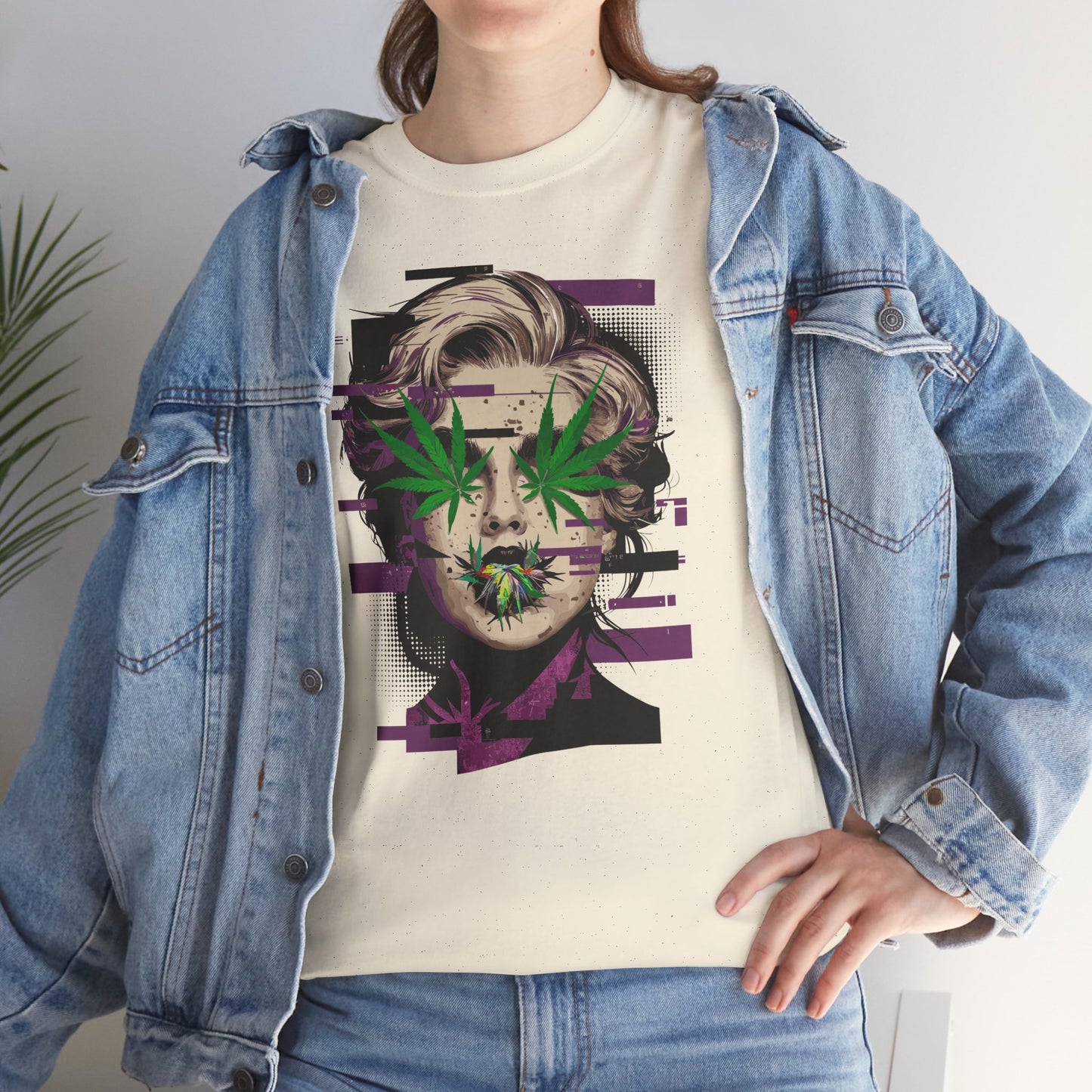 Vintage Portrait Tee — Glitch Art Face with Cannabis Leaf Mask