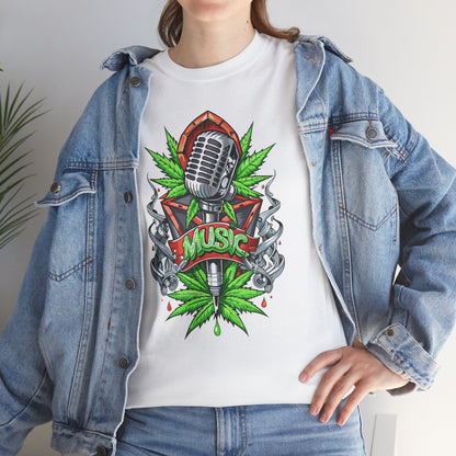 Music Microphone Tee — Retro Mic & Leaf Graphic T-Shirt
