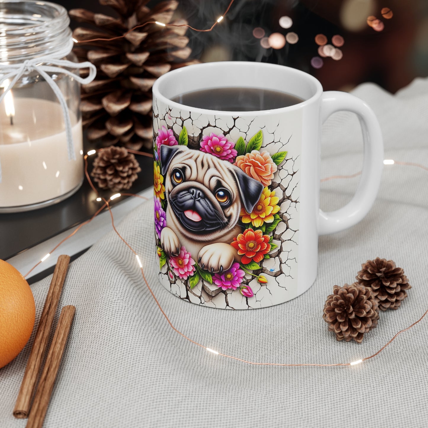Floral Pug Ceramic Coffee Mug - 11oz & 15oz