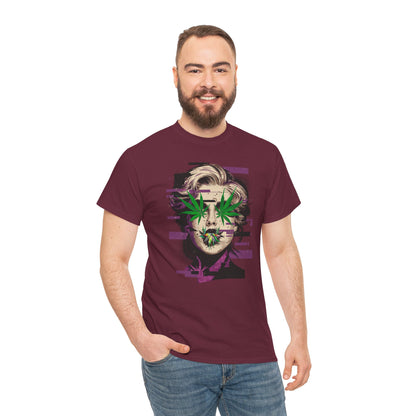 Vintage Portrait Tee — Glitch Art Face with Cannabis Leaf Mask