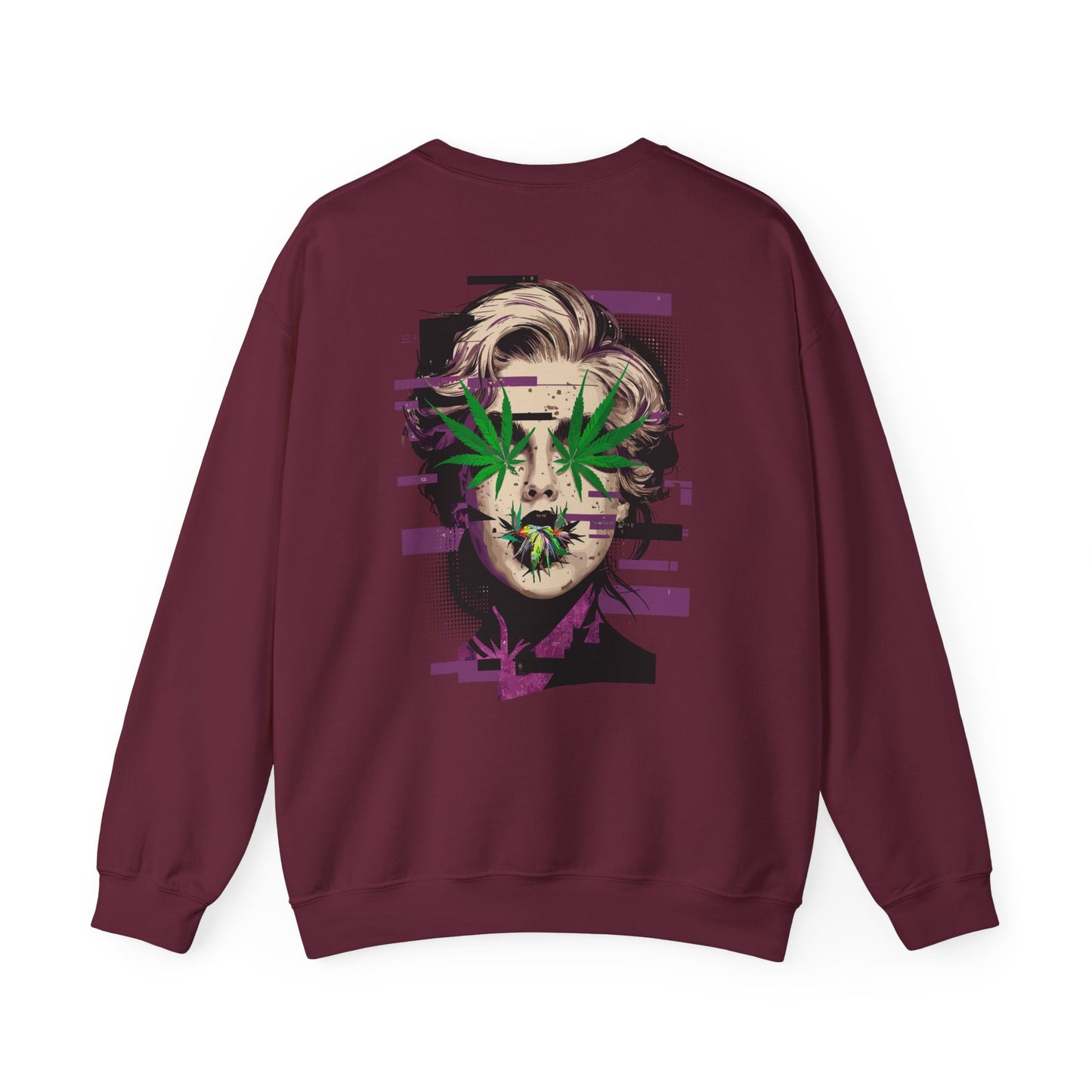 Vintage Portrait Sweatshirt — Glitch Art Face with Cannabis Leaf Mask