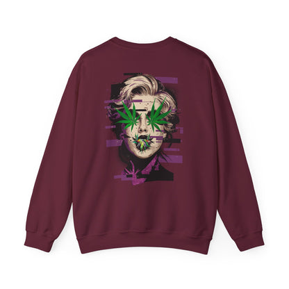 Vintage Portrait Sweatshirt — Glitch Art Face with Cannabis Leaf Mask