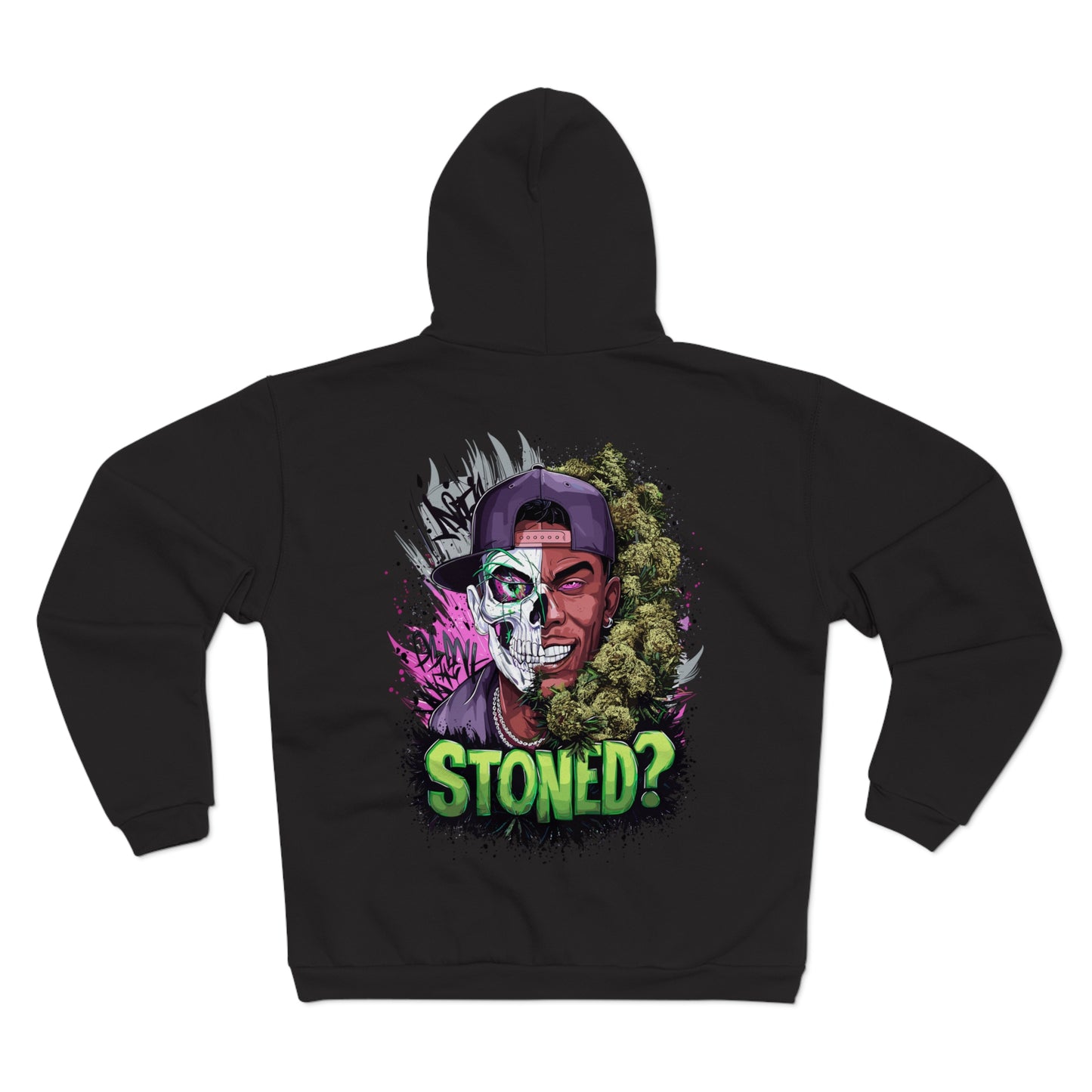 Zip Hoodie — 'Stoned?' Skull Face Graphic Zip for Cannabis Lovers