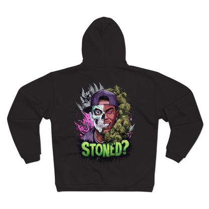Zip Hoodie — 'Stoned?' Skull Face Graphic Zip for Cannabis Lovers
