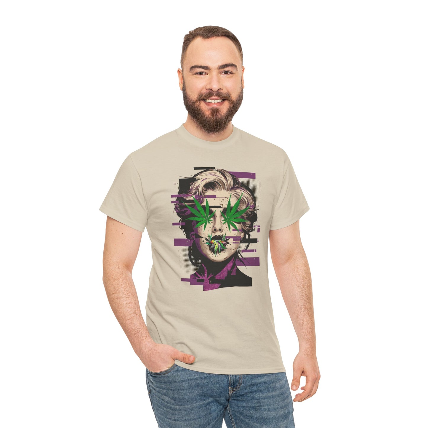 Vintage Portrait Tee — Glitch Art Face with Cannabis Leaf Mask