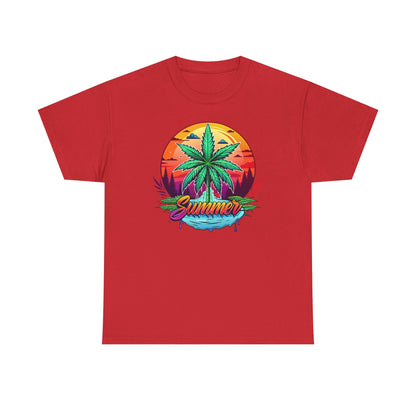 Summer Cannabis Leaf T-Shirt – Retro Tropical Sunset Tee Both