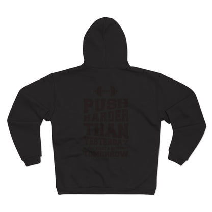 Motivational Fitness Hoodie - "Push Harder Than Yesterday" Unisex Hooded Zip Sweatshirt