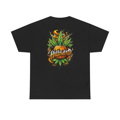 Hallowed Harvest Tee — Halloween Mask & Pumpkin Graphic T-Shirt