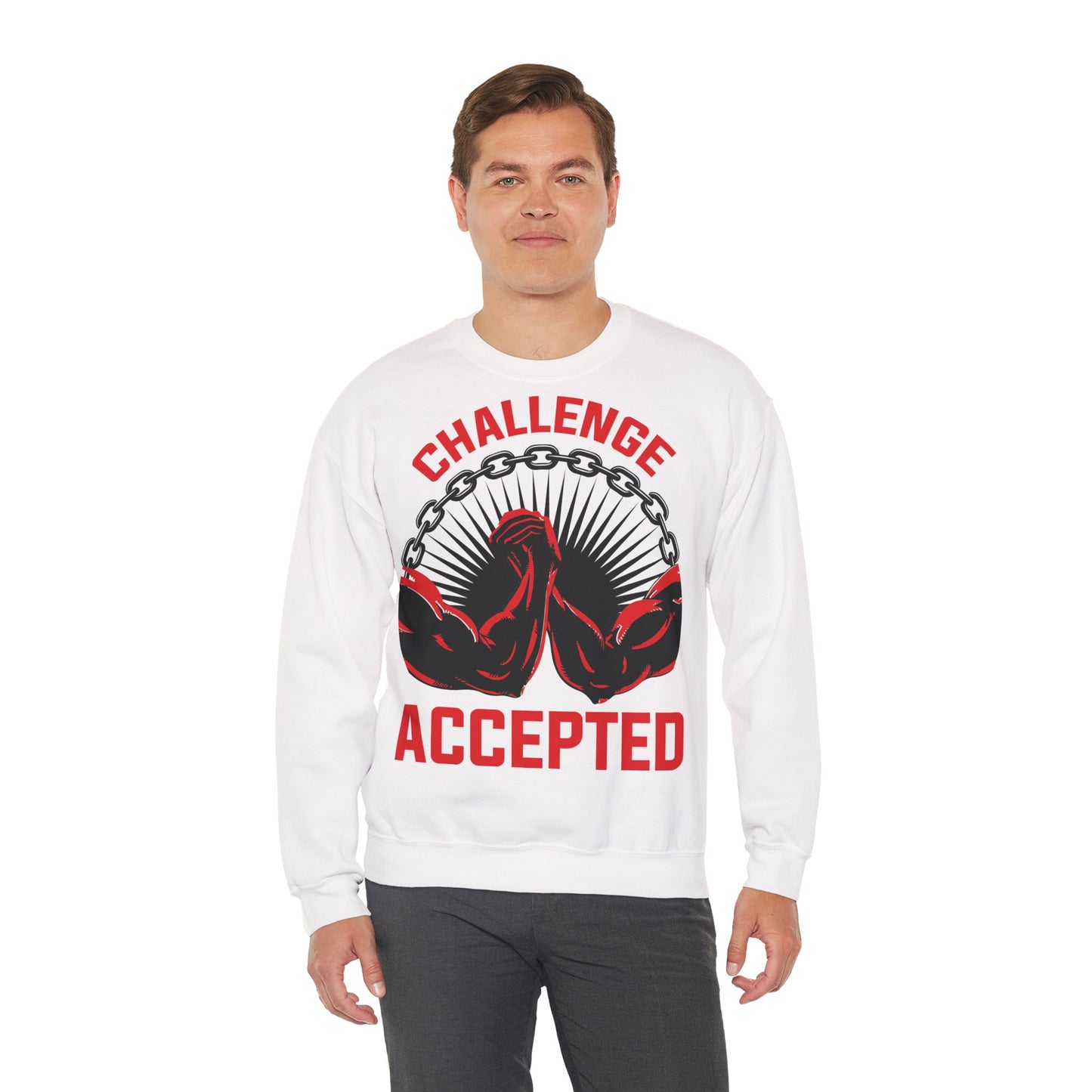 Challenge Accepted Crewneck Sweatshirt - Unisex Heavy Blend, Motivational Fitness Apparel White