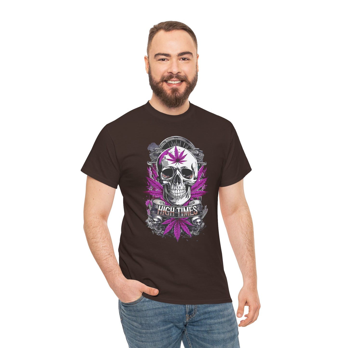 Skull & Purple Cannabis Leaf Tee - "High Times" Graphic T-Shirt Both