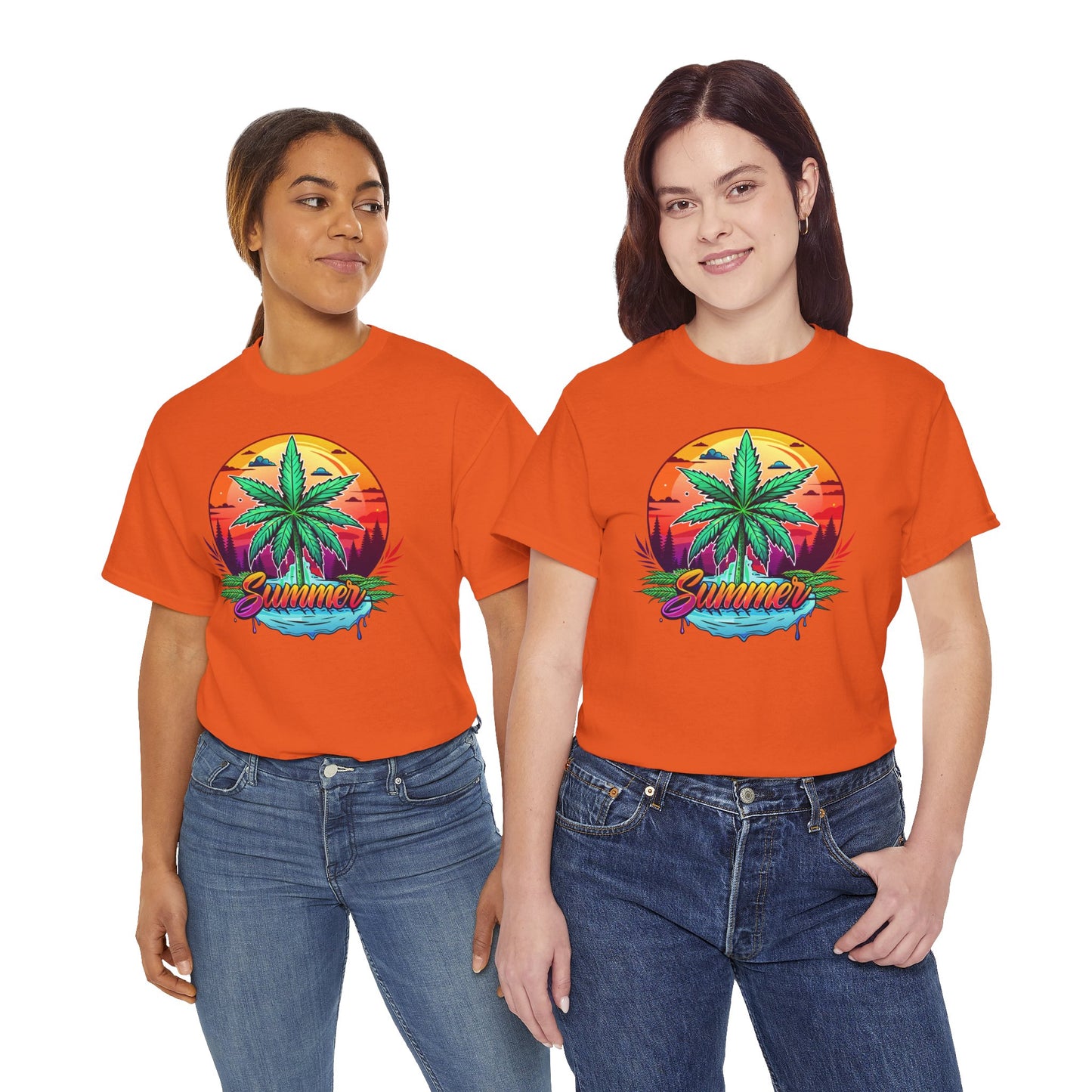 Summer Cannabis Leaf T-Shirt – Retro Tropical Sunset Tee Both