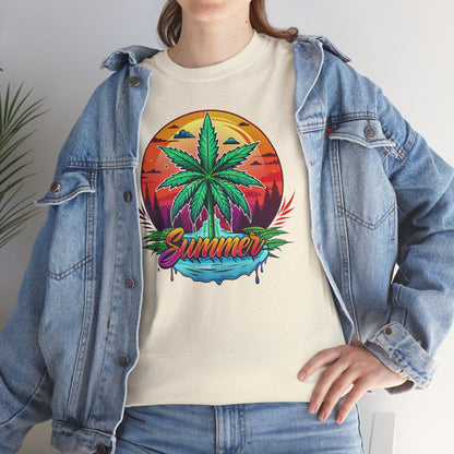 Summer Cannabis Leaf T-Shirt – Retro Tropical Sunset Tee