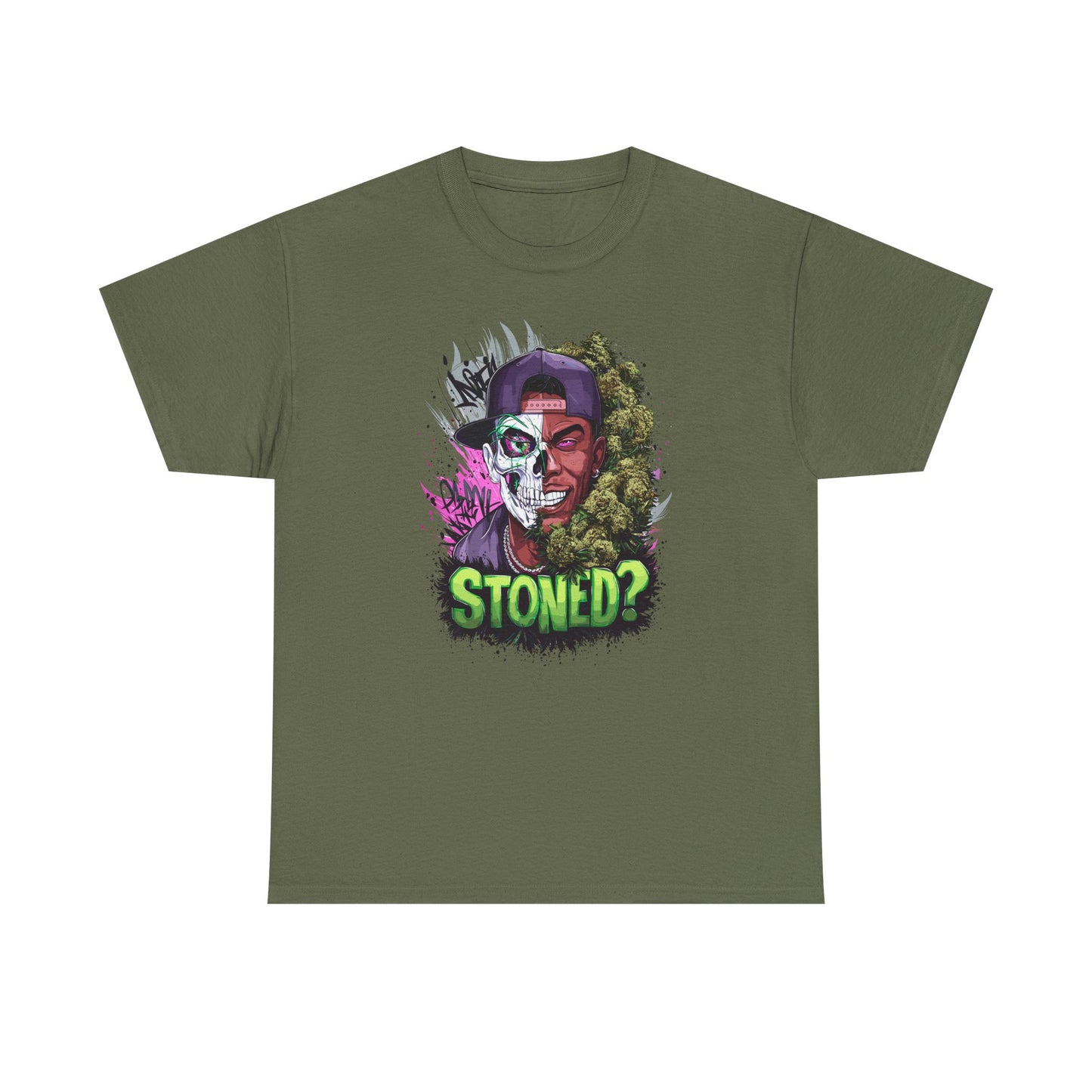 T-Shirt — 'Stoned?' Skull Face Graphic Tee for Cannabis Lovers
