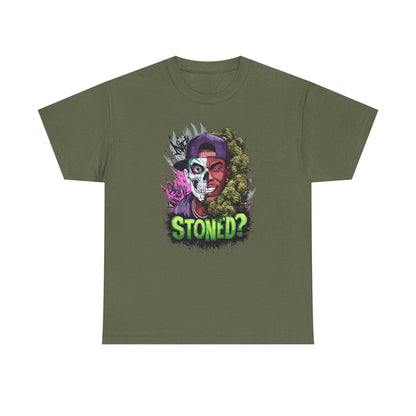 T-Shirt — 'Stoned?' Skull Face Graphic Tee for Cannabis Lovers