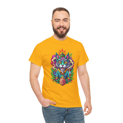 Psychedelic Flame Cat Graphic Tee — Colorful Trippy Cat Design
