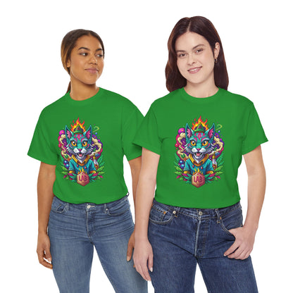 Psychedelic Flame Cat Graphic Tee — Colorful Trippy Cat Design