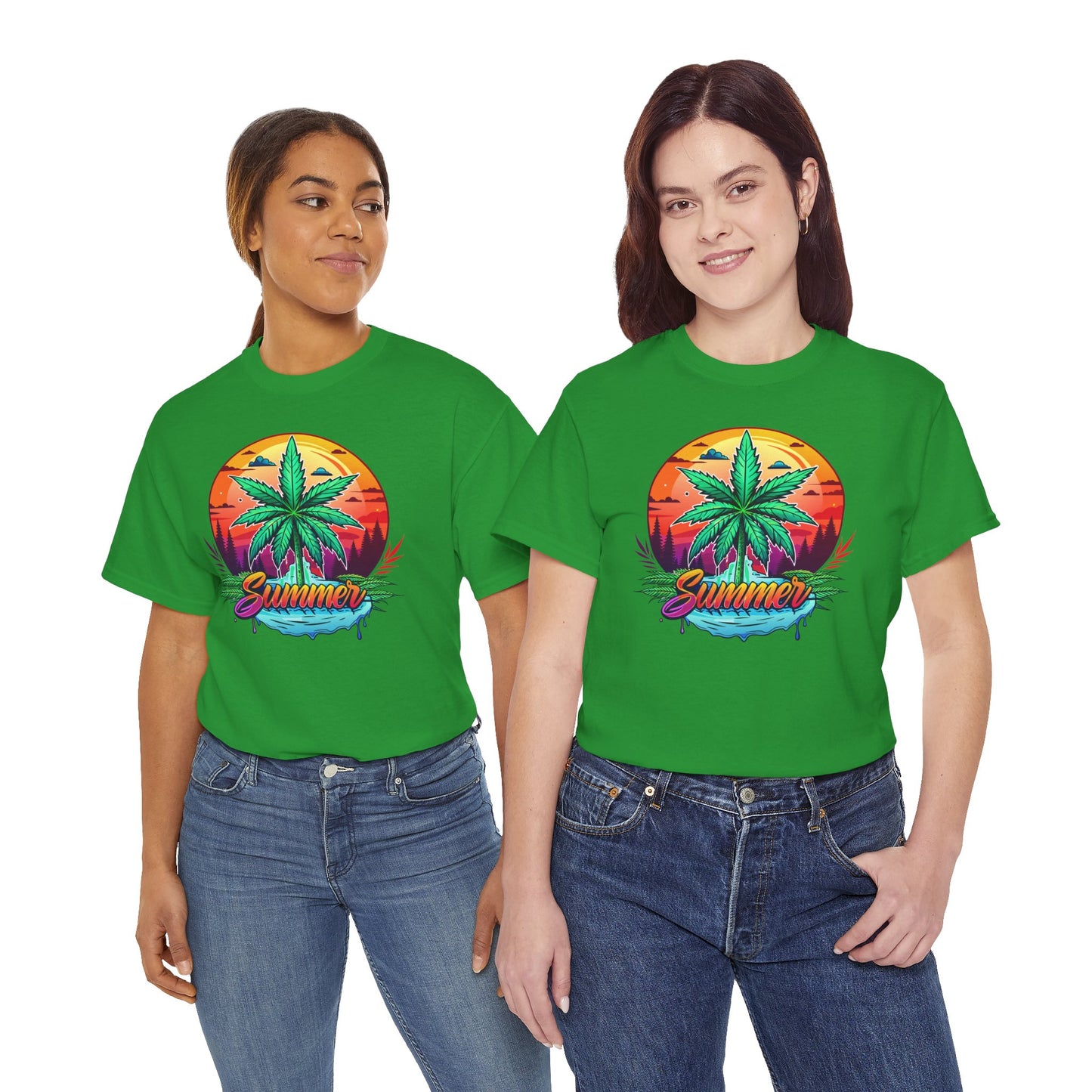 Summer Cannabis Leaf T-Shirt – Retro Tropical Sunset Tee Both