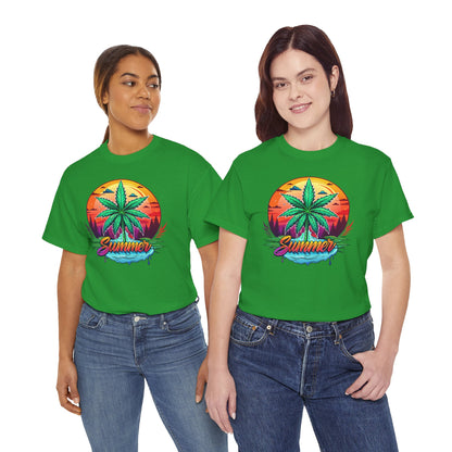 Summer Cannabis Leaf T-Shirt – Retro Tropical Sunset Tee Both