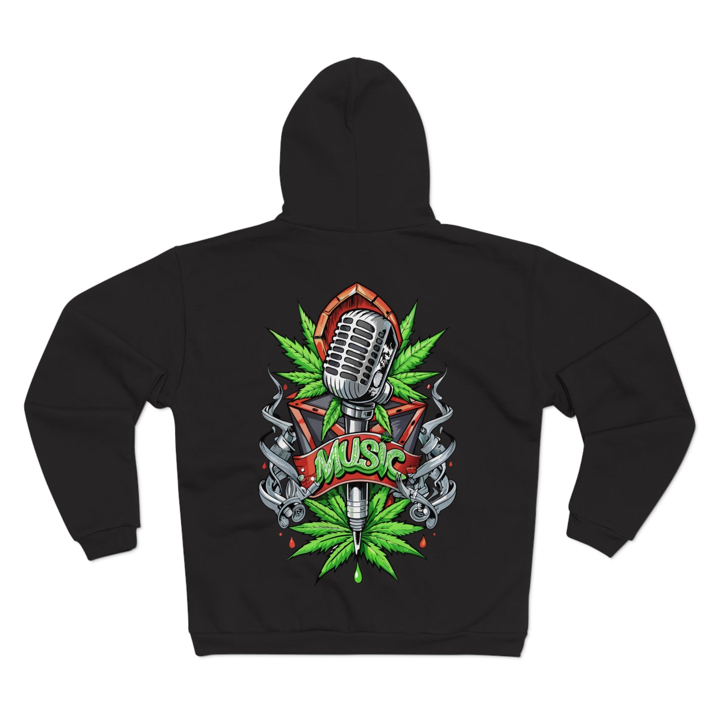 Music Microphone Zip Hoodie — Retro Mic & Leaf Graphic Zip Hoodie