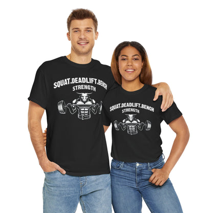 Strength Training Unisex Heavy Cotton Tee - Squat, Deadlift, Bench Design