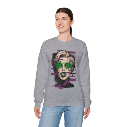 Vintage Portrait Sweatshirt — Glitch Art Face with Cannabis Leaf Mask