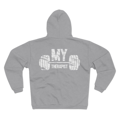 Funny Gym Lover's Unisex Hooded Zip Sweatshirt - 'My Therapist' Design