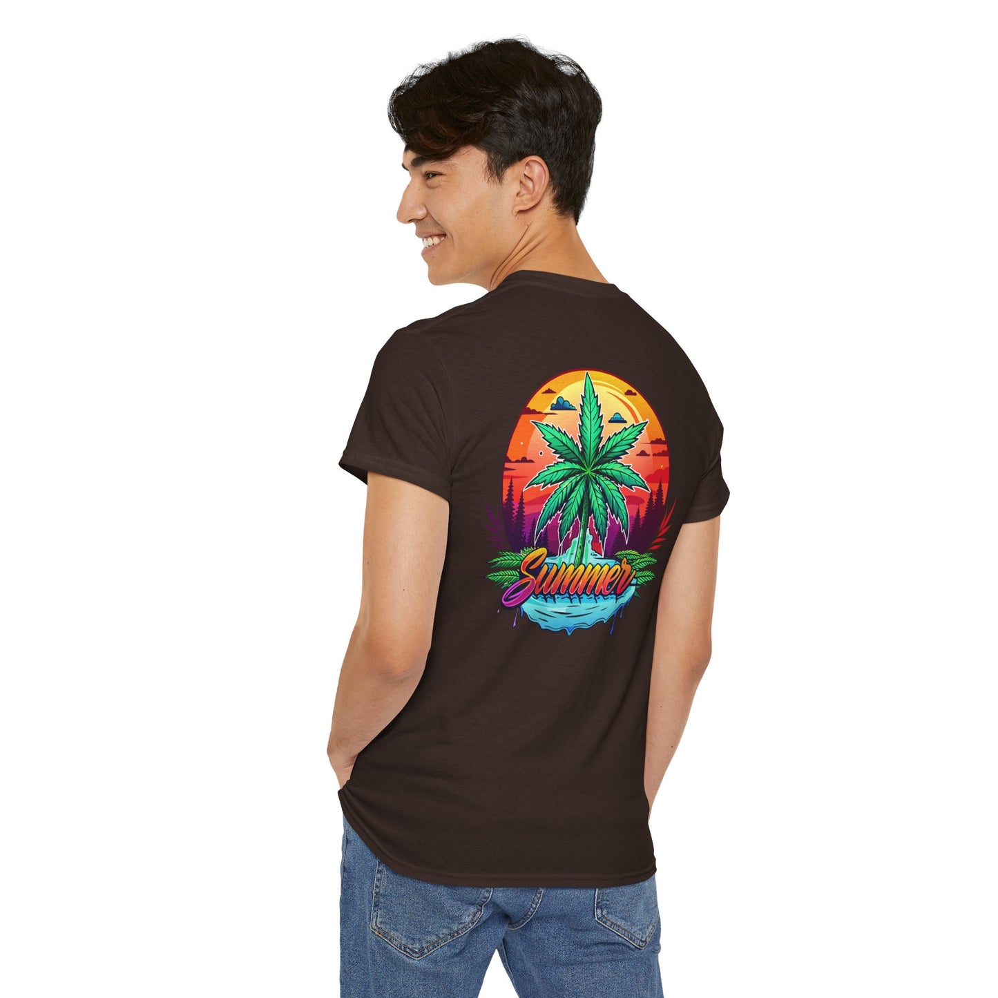 Summer Cannabis Leaf T-Shirt – Retro Tropical Sunset Tee Both