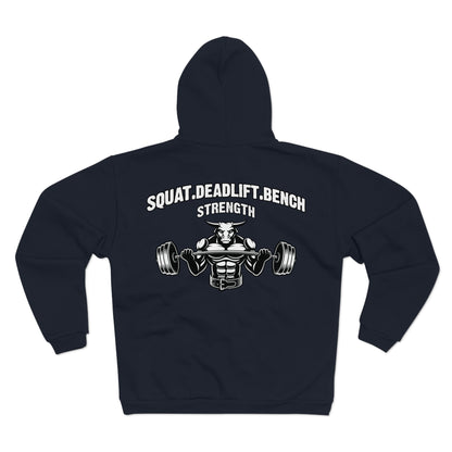Strength Training Unisex Hooded Zip Sweatshirt - Squat, Deadlift, Bench Design