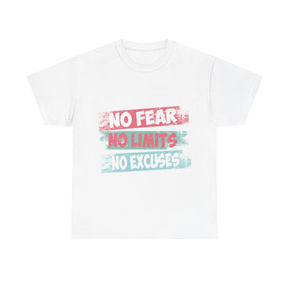 Inspiring Motivational Tee - Unisex Heavy Cotton Shirt with 'No Fear, No Limits, No Excuses' Design
