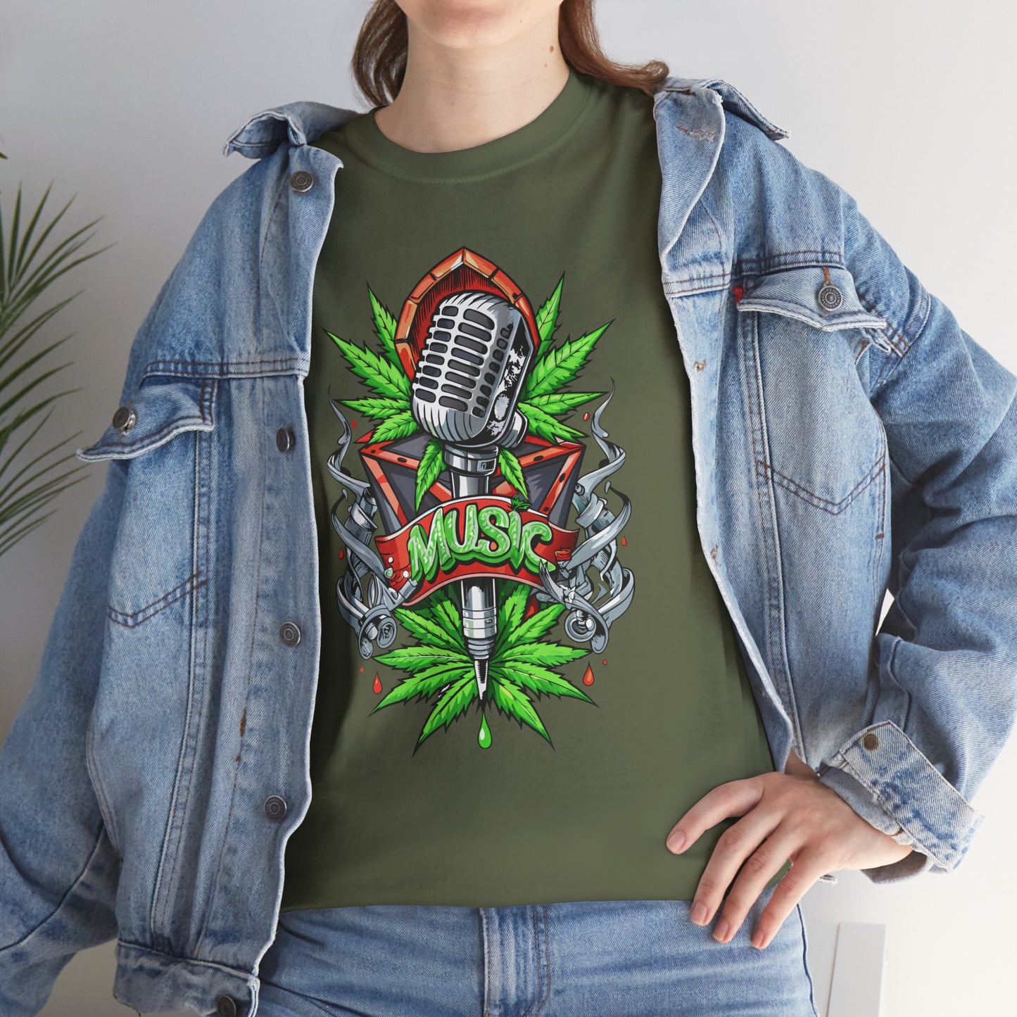 Music Microphone Tee — Retro Mic & Leaf Graphic T-Shirt
