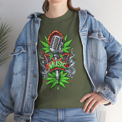 Music Microphone Tee — Retro Mic & Leaf Graphic T-Shirt