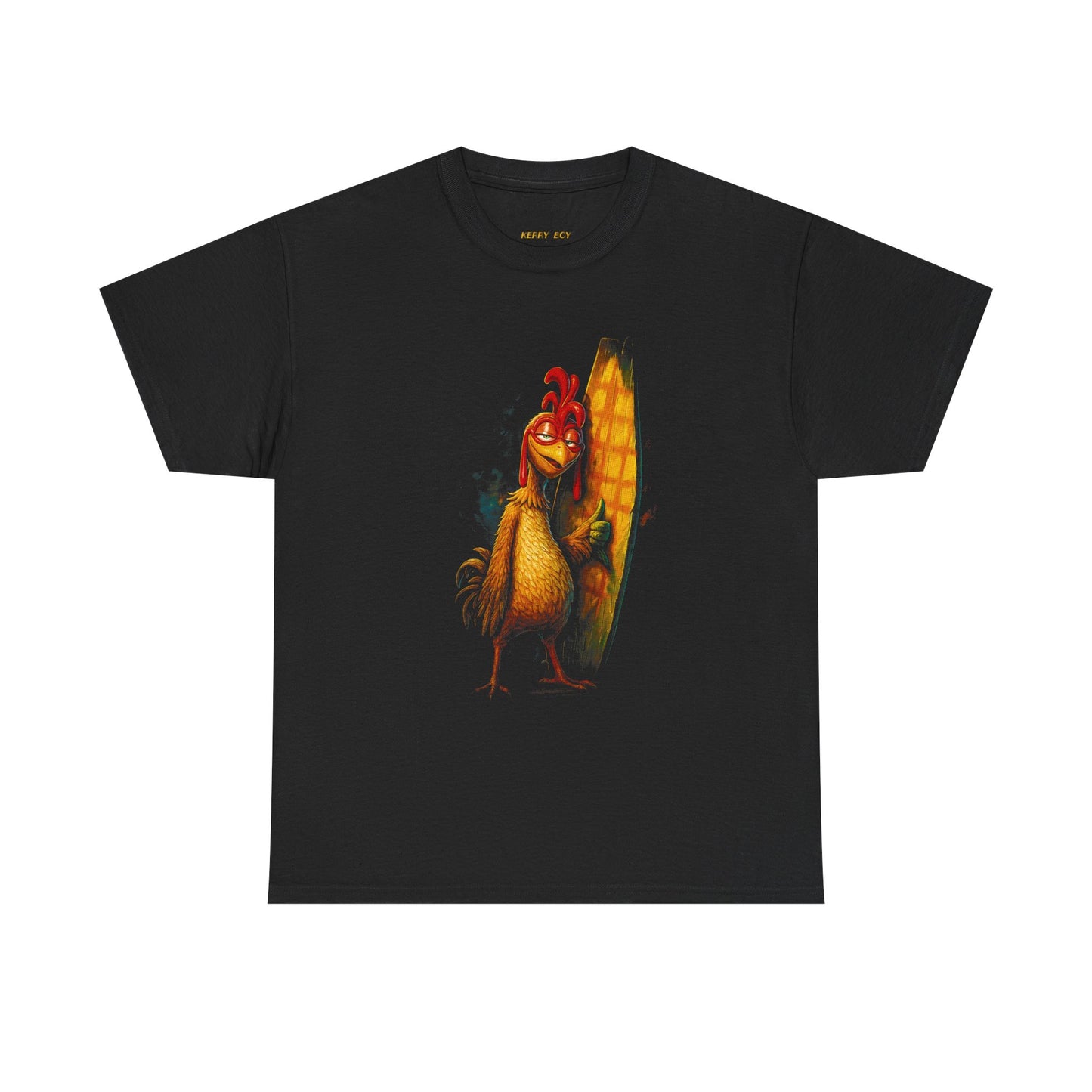 Rooster Surf T-Shirt — Retro Chicken with Surfboard Graphic Tee