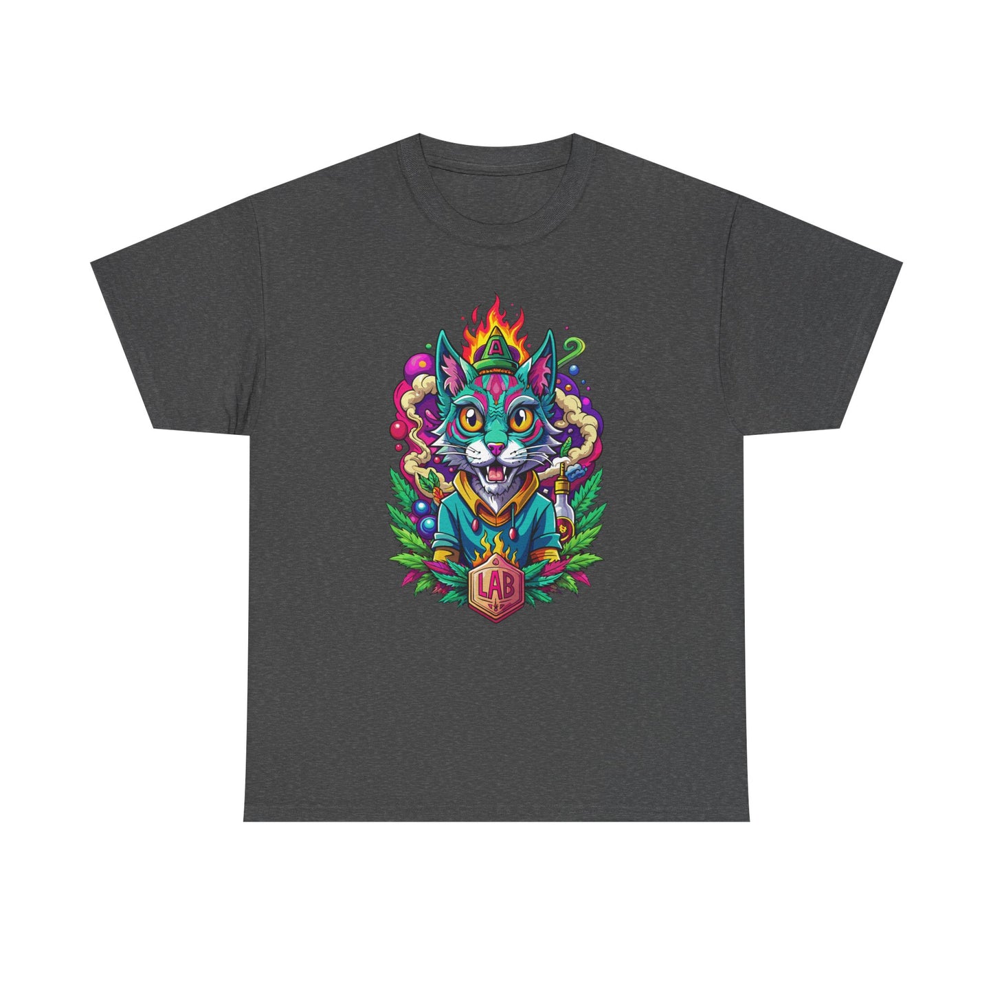 Psychedelic Flame Cat Graphic Tee — Colorful Trippy Cat Design
