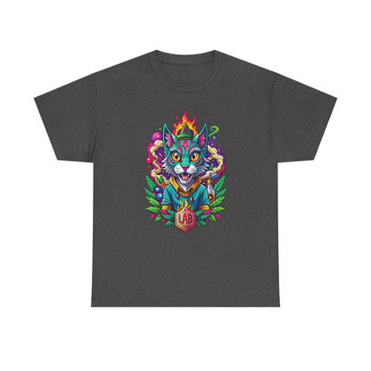 Psychedelic Flame Cat Graphic Tee — Colorful Trippy Cat Design