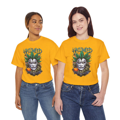 Hallowed Harvest Tee — Halloween Mask & Pumpkin Graphic T-Shirt