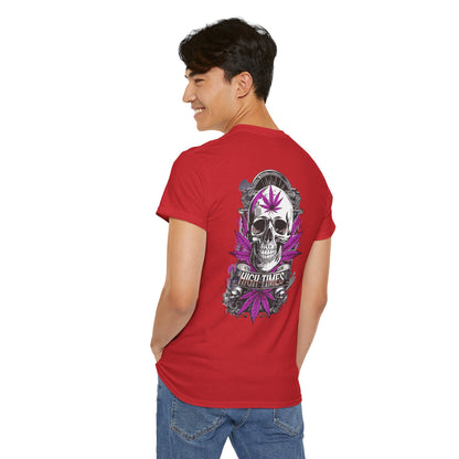 Skull & Purple Cannabis Leaf Tee - "High Times" Graphic T-Shirt Both