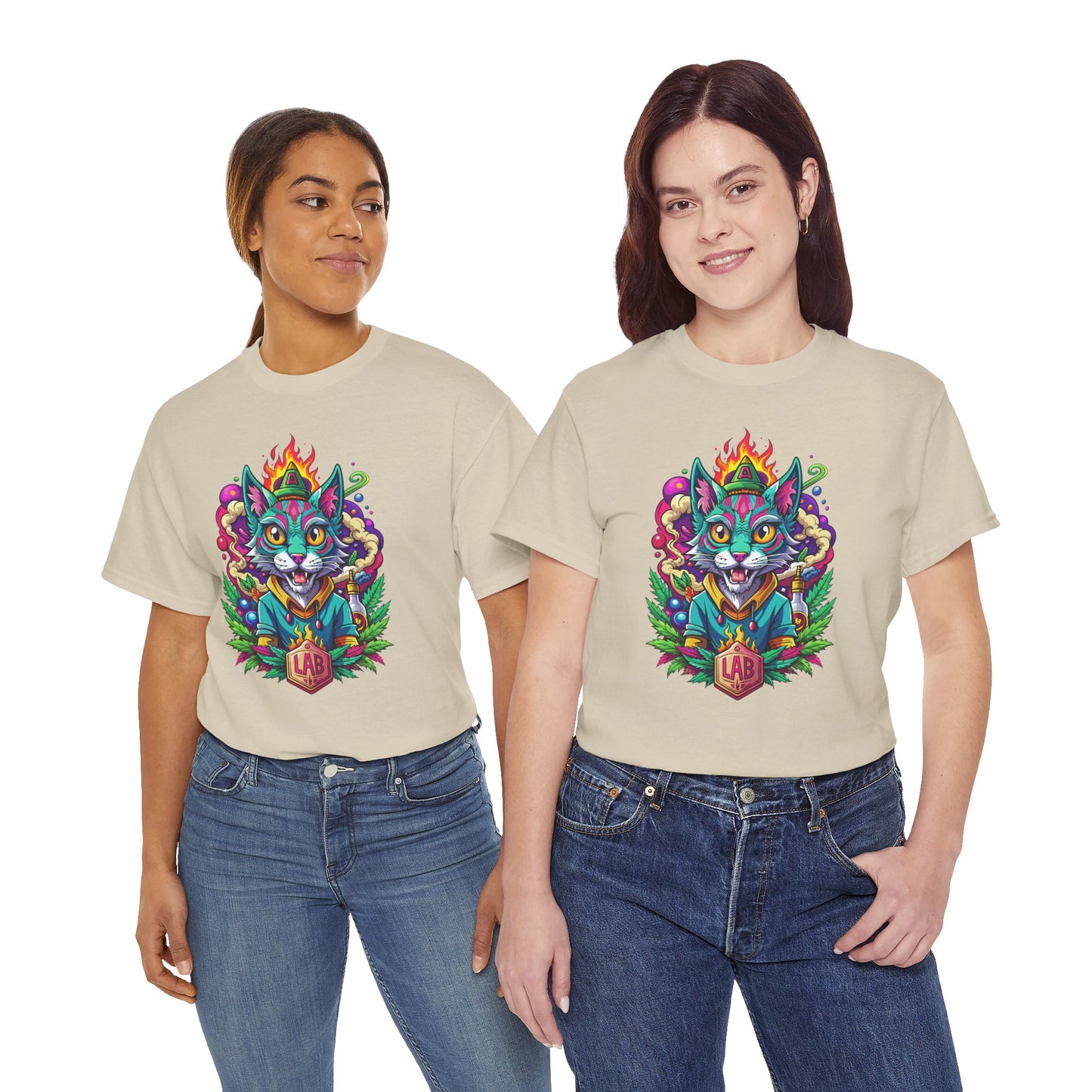 Psychedelic Flame Cat Graphic Tee — Colorful Trippy Cat Design