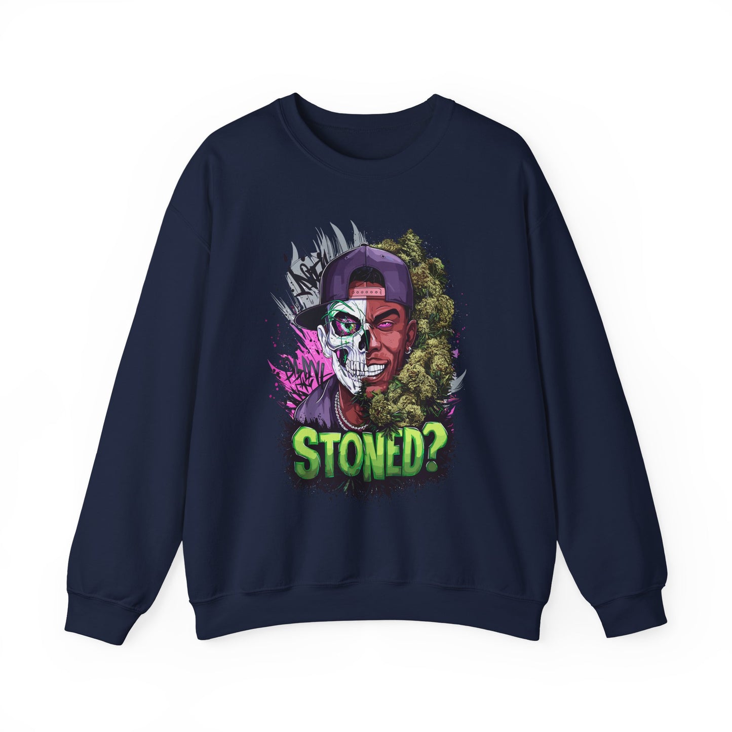 Sweatshirt— 'Stoned?' Skull Face Graphic for Cannabis Lovers