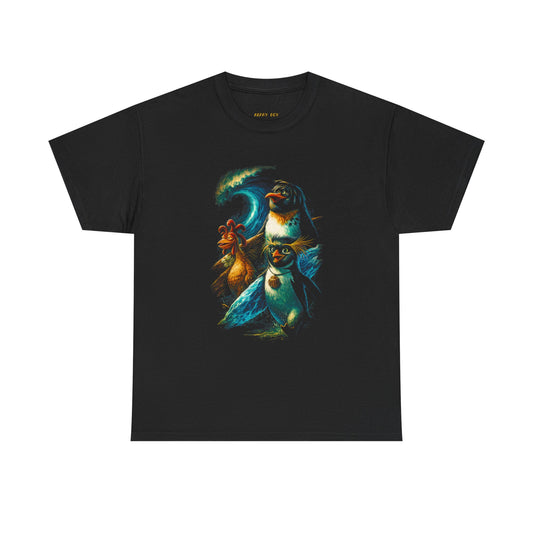 Surfing Penguins Graphic Tee — Retro Ocean Animal Illustration T-Shirt