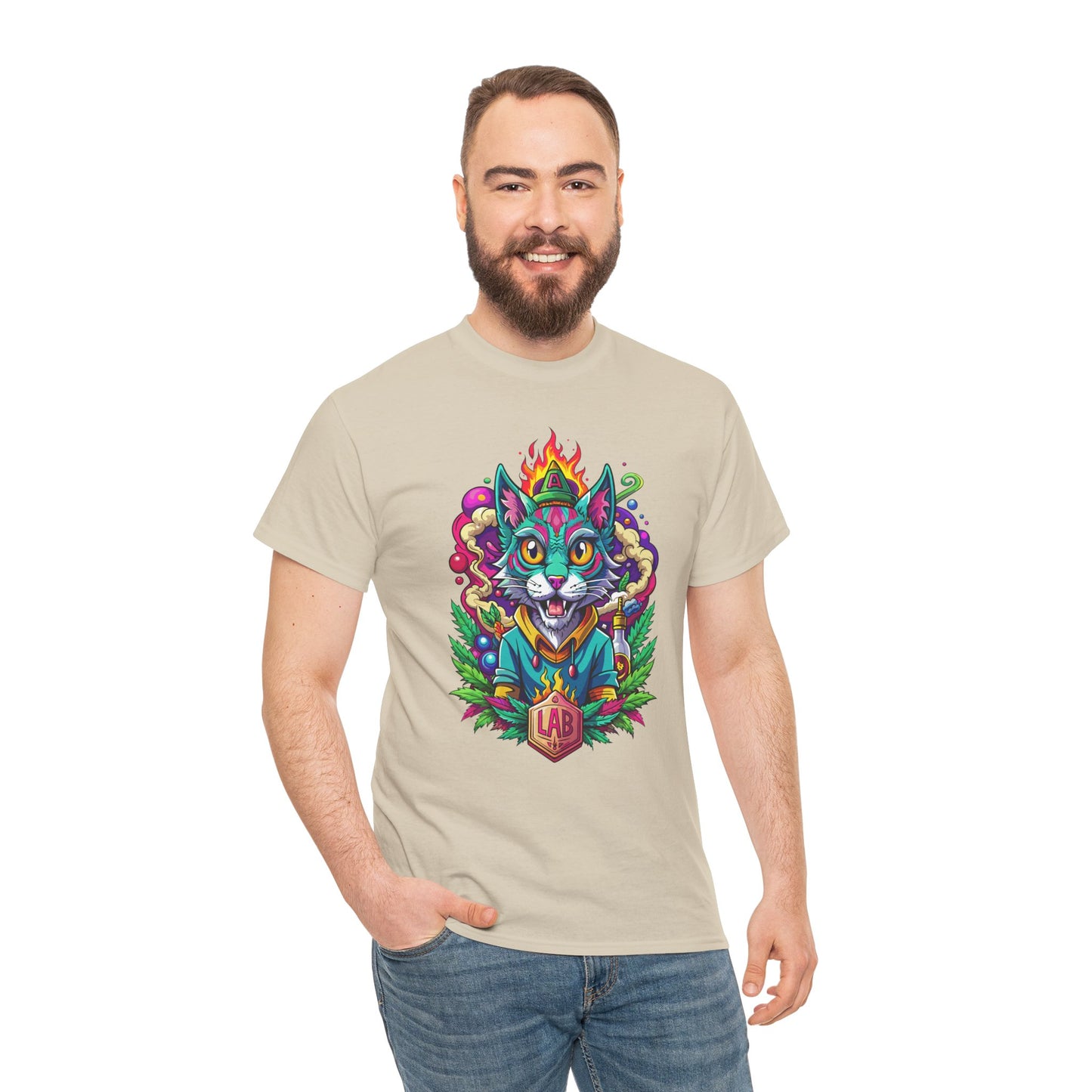 Psychedelic Flame Cat Graphic Tee — Colorful Trippy Cat Design
