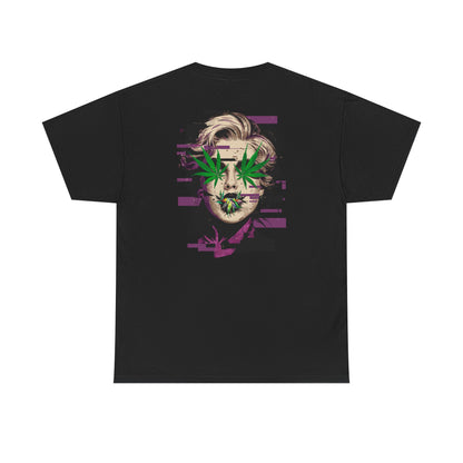 Vintage Portrait Tee — Glitch Art Face with Cannabis Leaf Mask
