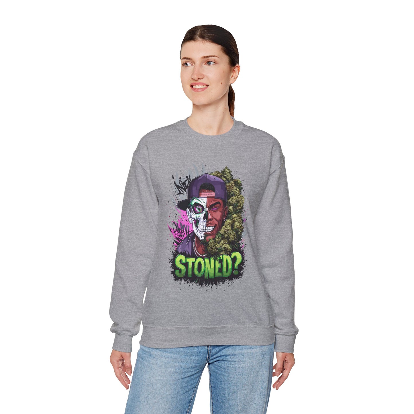 Sweatshirt— 'Stoned?' Skull Face Graphic for Cannabis Lovers