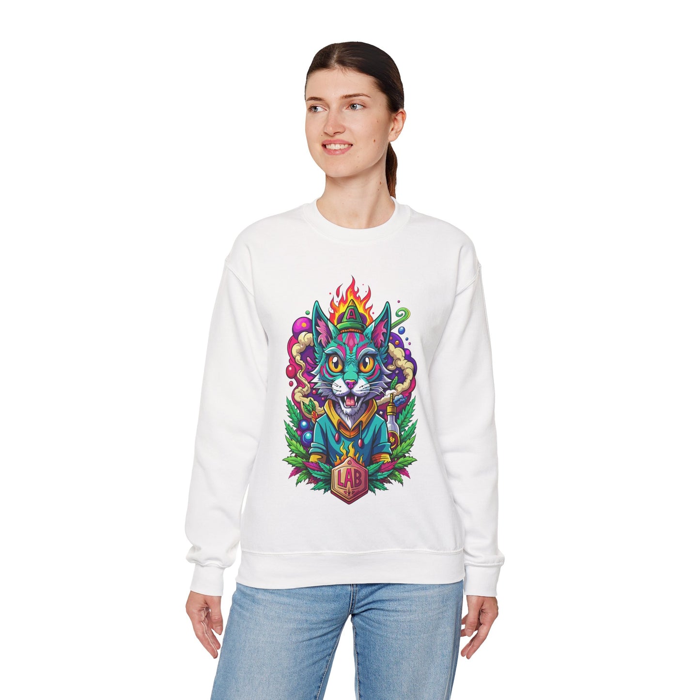 Psychedelic Flame Cat Graphic Sweatshirt — Colorful Trippy Cat Design