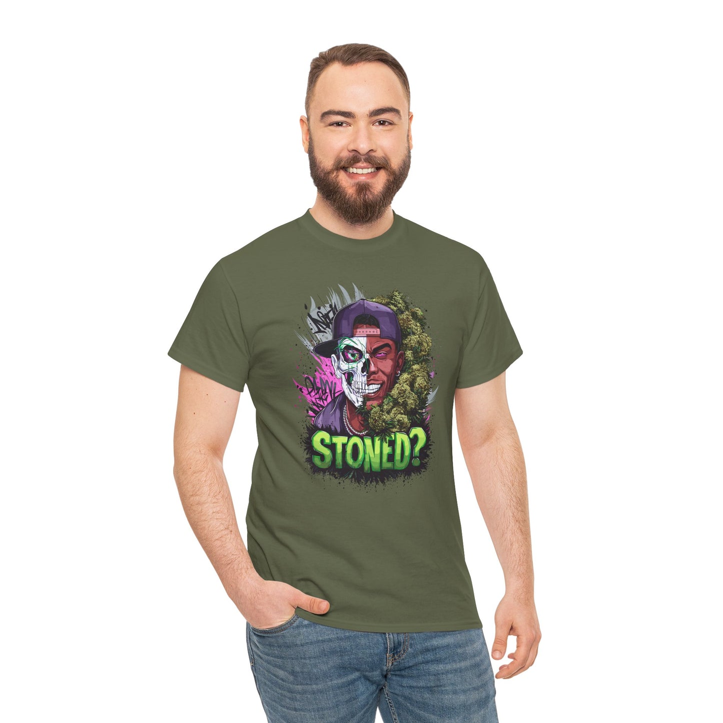 T-Shirt — 'Stoned?' Skull Face Graphic Tee for Cannabis Lovers