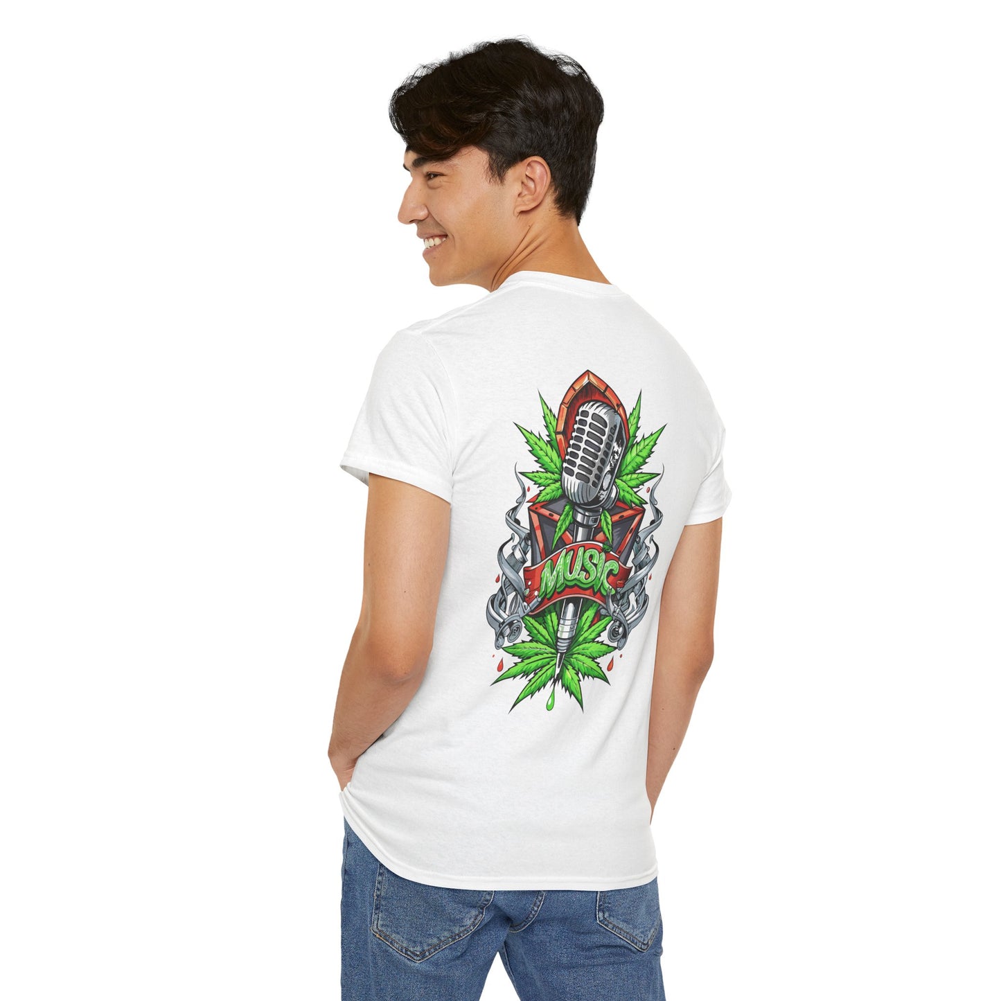 Music Microphone Tee — Retro Mic & Leaf Graphic T-Shirt