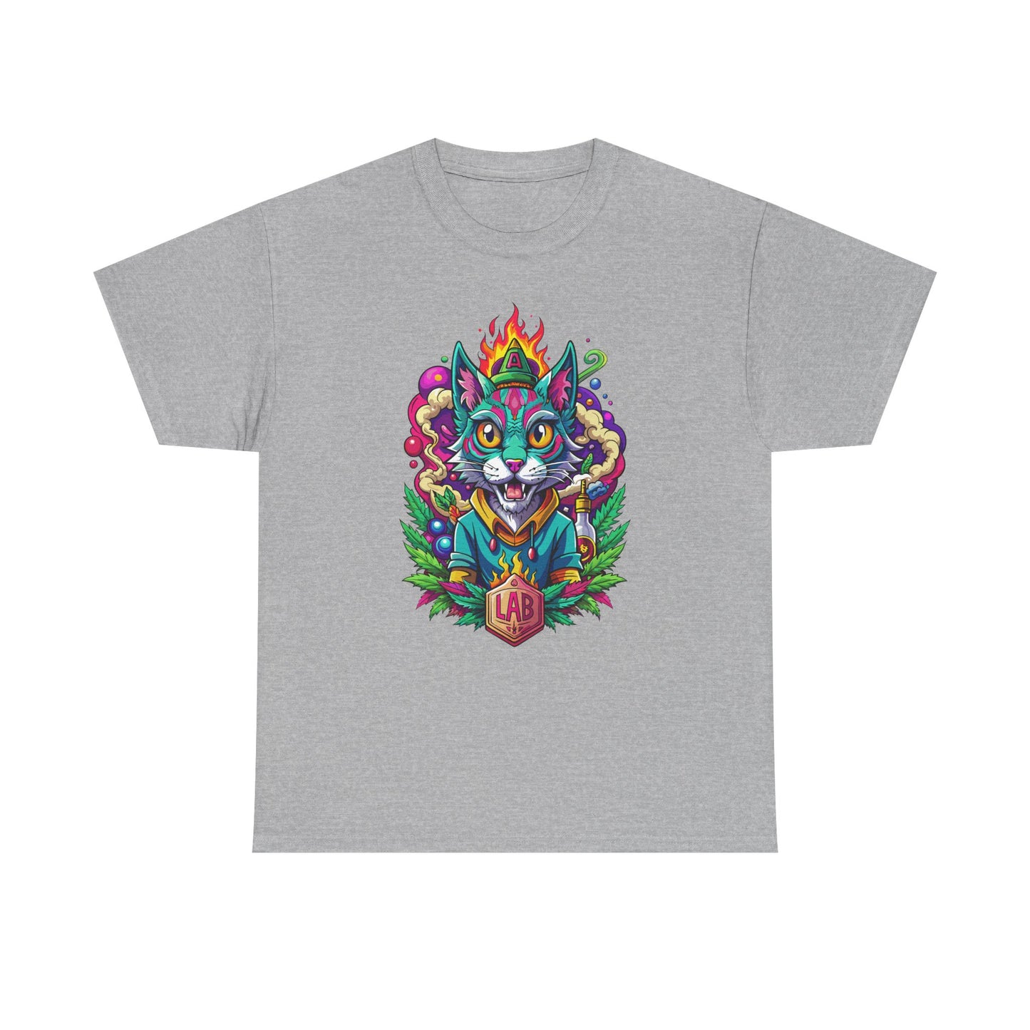 Psychedelic Flame Cat Graphic Tee — Colorful Trippy Cat Design